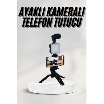 Telefon Tutucu Led Işıklı Kumandalı Mikrofon Telefon Vlog Video Kayıt