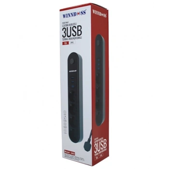 TERMAL AKIM KORUMALI 4LÜ PRİZ 3XUSB 2MT ANAHTARLI UZATMA KABLO SİYAH 10A - 2500W (5263)