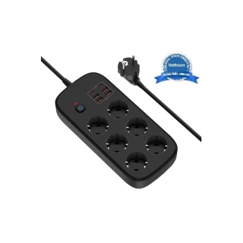Termal Akım Korumalı 6’lü Priz 4x Usb 2x Type-c Çıkışlı Grup Priz Çoğaltıcı (3500w) Siyah