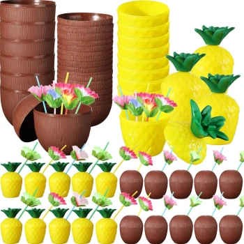 Tropikal Parti Bardak Seti – Ananas ve Hindistan Cevizi Şekilli Pipetli Bardaklar (20 Adet) (5263)