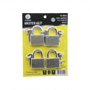 TUDOR TD-MS4 MASTER 4PCS JOKER ANAHTARLI=TEK ANAHTARLA 4 KİLİT AÇ  60MM - GRİ KISA KANCALI ÇELİK ASMA KİLİT (5263)