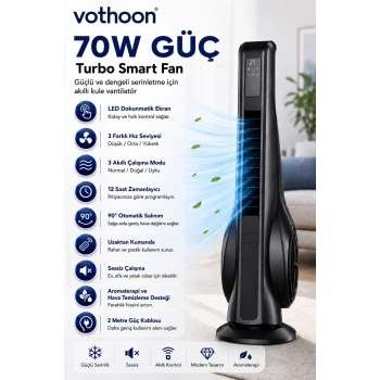 Turbo Smart Akıllı Fan Led Ekranlı Kumandalı 90° Hareketli Serinletici Soğutucu Kule Tipi Vantilatör