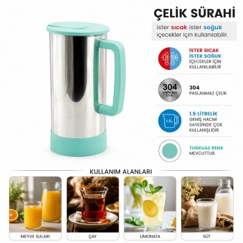 TURKUAZ - PASLANMAZ ÇELİK SICAK - SOĞUK ÇELİK SÜRAHİ (5263)