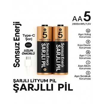 Type-c Şarjlı 2800mwh 1.5v Şarj Edilebilir 2’li Aa5 Kalın Pil - Lityum Iyon Batarya