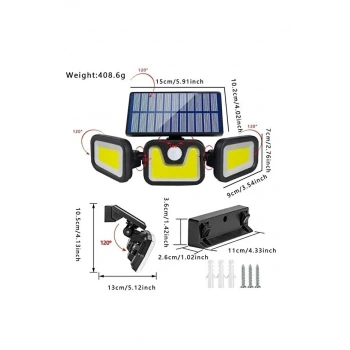 Üçlü Solar Led Projektör – Beyaz Işık – Sensörlü Dış Mekân Aydınlatma (5263)