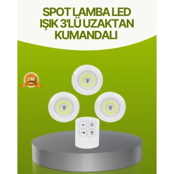 Uzaktan Kumandalı 3 Lü Kablosuz Led Spot Lamba Seti Yapışkanlı Pratik Kullanım