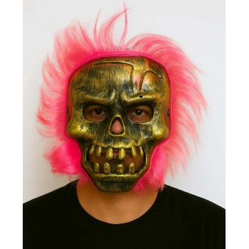 Wild Skull - Bakır Kafatası Pembe Saçlı İskelet Maske (5263)