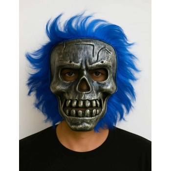 Wild Skull - Gümüş Kafatası Mavi Saçlı İskelet Maske (5263)