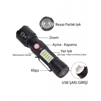 WS-2828 Ultra USB Şarjlı Polis El Feneri, Bekçi, Asker El Feneri Kırmızı Mavi Çakarlı 1000 Lümen (5263)