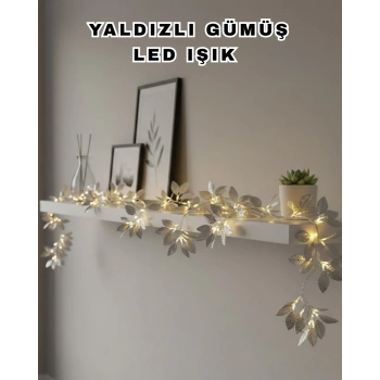 Yaldızlı Gümüş Yaprak Led Işık Pilli Dekoratif Ortam Ve Yılbaşı Aydınlatması