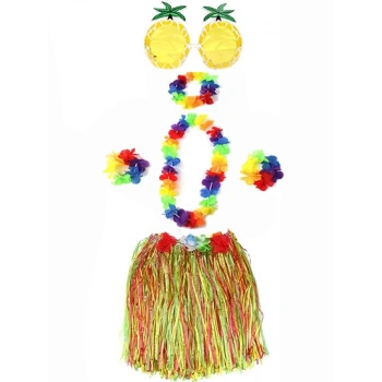 Yetişkin ve Çocuk Uyumlu Luau Aloha Hawaii Rengarenk 40 cm Etek Ananas Şekilli Gözlük Hawaii Kolye Renkli Taç ve 2 Adet Bileklik Seti (5263)
