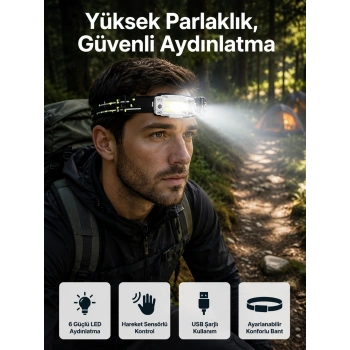 Yüksek Işıklı Şarjlı Ve Sensörlü Led Kafa Lambası Kamp Lambası
