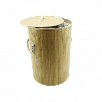 YUVARLAK BAMBU AHŞAP KİRLİ ÇAMAŞIR SEPETİ 35X60CM SEYYAR KAPAKLI İÇİ BEZLİ İP KULPLU (5263)