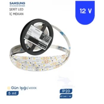 12 Volt 2835 Samsung 4000K Naturel Beyaz Şerit Led 5 Metre IP20