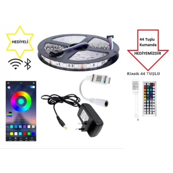 12V 5 Metre Silikonsuz RGB Şerit Led Bluetoothlu Led Kontrol 4A Adaptörlü IP20 Set Hediyeli**