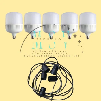 220V 5 Metre Pazarcı Tezgah Aydınlatması 5 Ad 50W Torch Günışığı Ampül 5 Adet E27 Duy Set