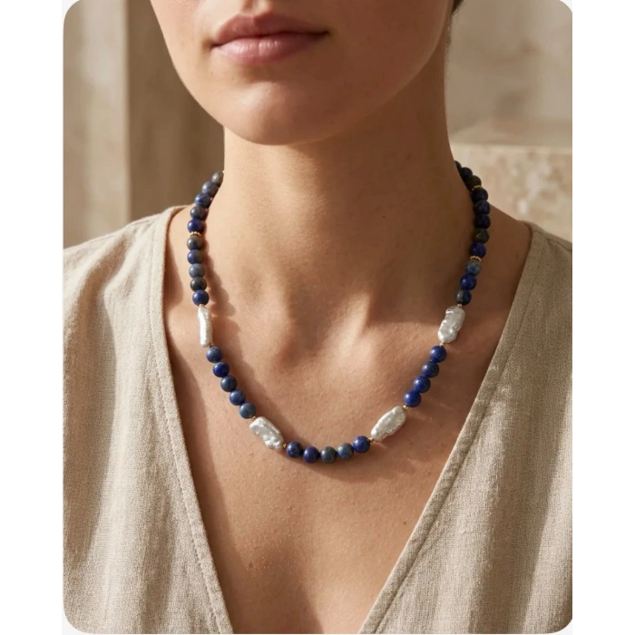 El Yapımı Lapis ve Barok İnci Kolye - 25 cm