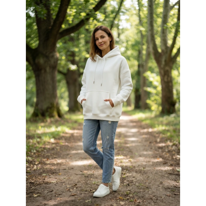 Kadın Beyaz İçi Polarlı Kalın Kapüşonlu Oversize Sweatshirt