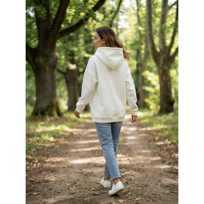 Kadın Beyaz İçi Polarlı Kalın Kapüşonlu Oversize Sweatshirt