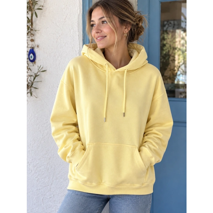 Kadın Sarı İçi Polarlı Kalın Kapüşonlu Oversize Sweatshirt
