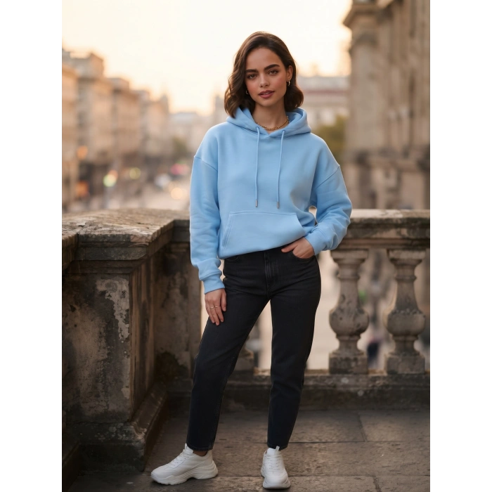 Mavi İçi Polarlı Kalın Kapüşonlu Oversize Sweatshirt