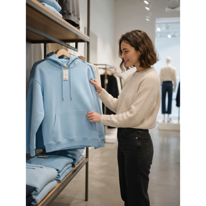 Mavi İçi Polarlı Kalın Kapüşonlu Oversize Sweatshirt