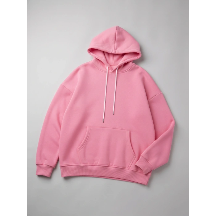 Pembe Sarı İçi Polarlı Kalın Kapüşonlu Oversize Sweatshirt