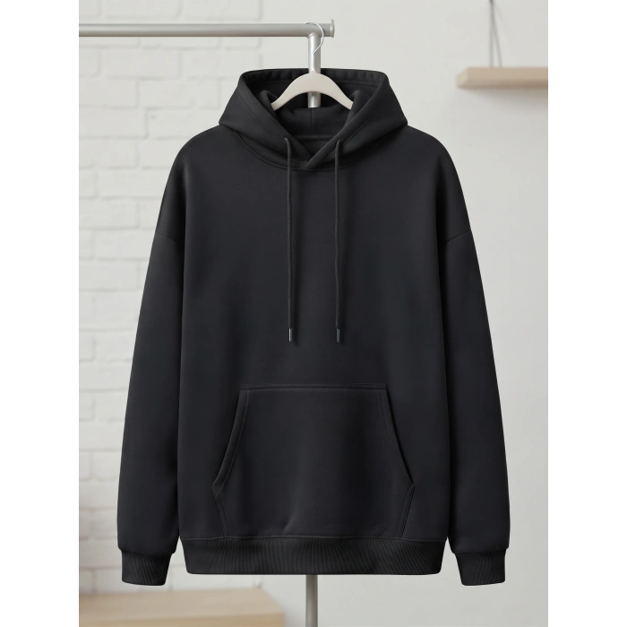 Siyah İçi Polarlı Kalın Kapüşonlu Oversize Sweatshirt