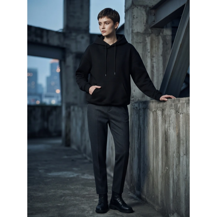 Siyah İçi Polarlı Kalın Kapüşonlu Oversize Sweatshirt