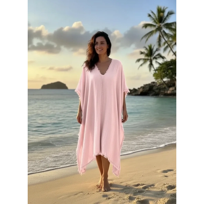 PEMBE MÜSLİN KUMAŞ PLAJ ELBİSESİ