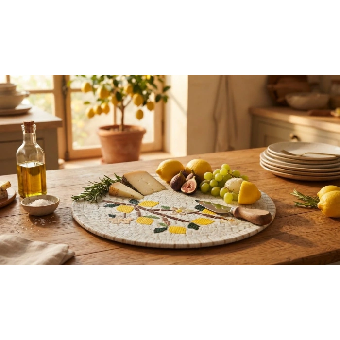 El Yapımı Limon Motifli Yuvarlak  Mozaik Sunum Tahtası