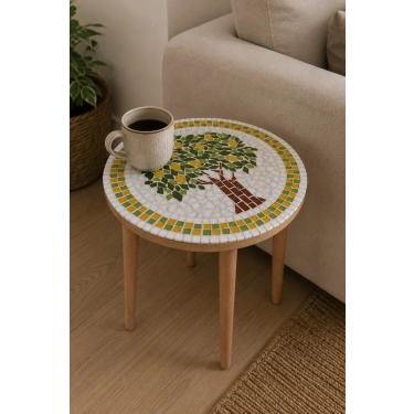 AHŞAP AYAKLI MOZAİK SEHPA LİMON AĞACI DESENLİ