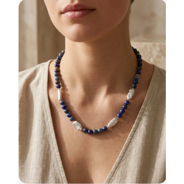 El Yapımı Lapis ve Barok İnci Kolye - 25 cm