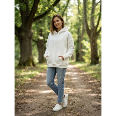 Kadın Beyaz İçi Polarlı Kalın Kapüşonlu Oversize Sweatshirt