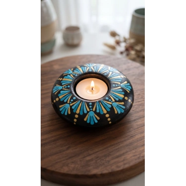 Lüks El Yapımı Mandala Mumluk | Altın ve Mavi Detaylı Tasarım Tea Lightlık & Özel Hediye