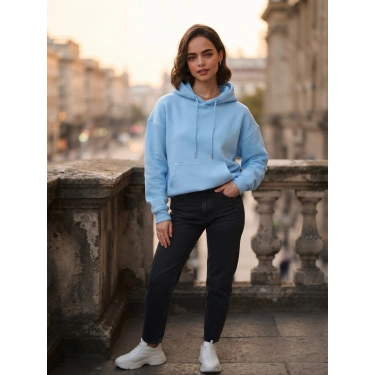 Mavi İçi Polarlı Kalın Kapüşonlu Oversize Sweatshirt