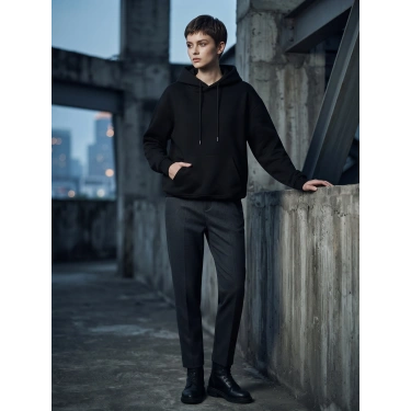 Siyah İçi Polarlı Kalın Kapüşonlu Oversize Sweatshirt