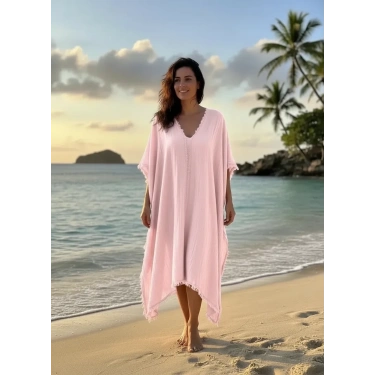 PEMBE MÜSLİN KUMAŞ PLAJ ELBİSESİ