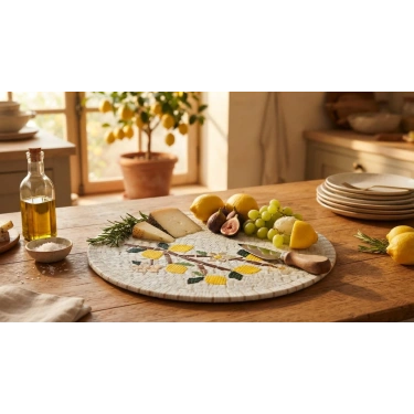El Yapımı Limon Motifli Yuvarlak  Mozaik Sunum Tahtası