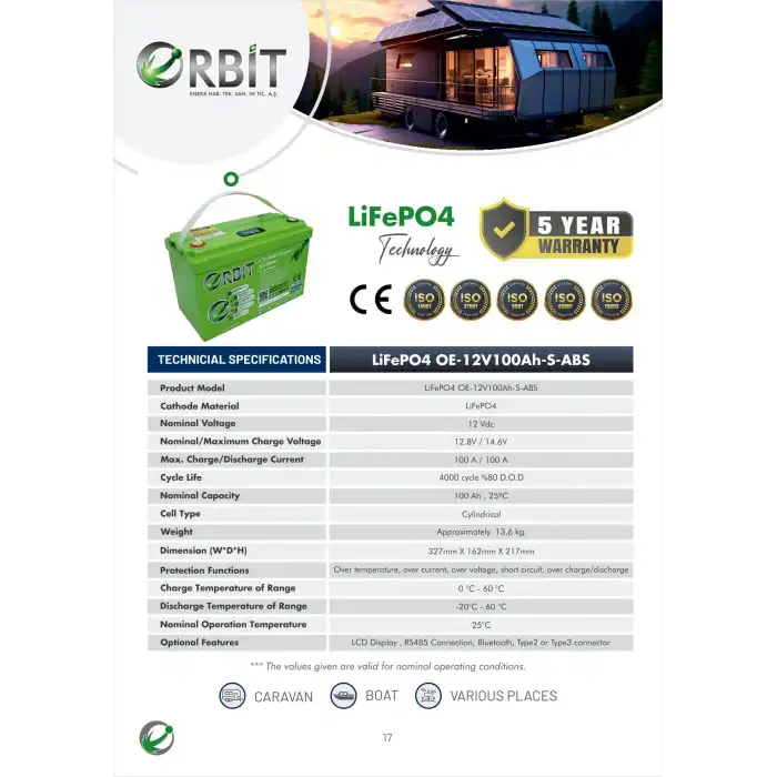 Orbit 12 V 100 Ah Lityum (LiFePO4) Akü-ABS Kasa
