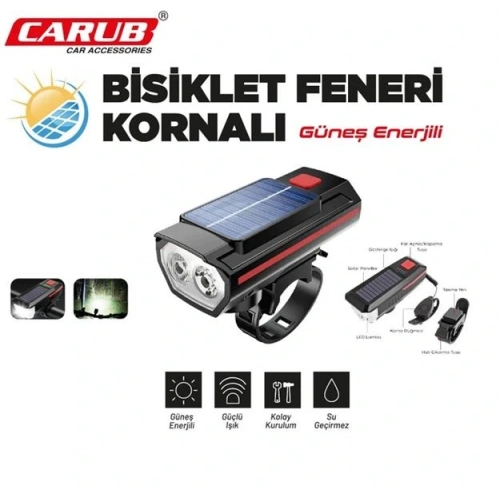 Carub Güneş Enerjili Kornalı Bisiklet Feneri ? LED Işıldak