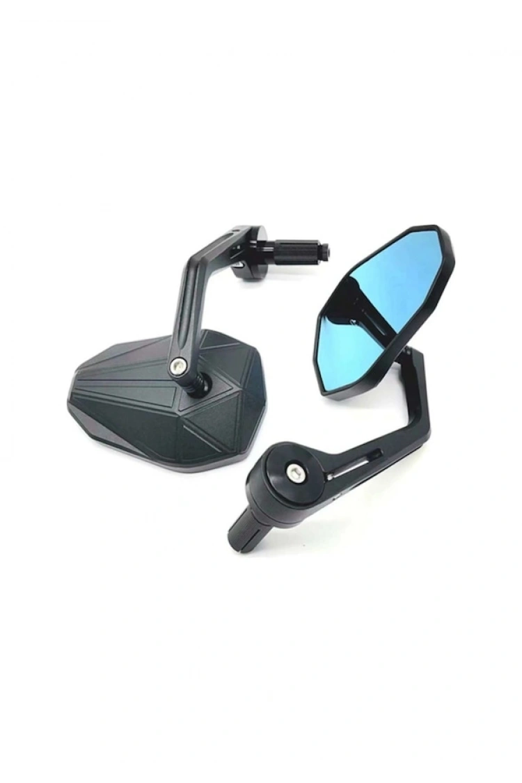 Motosiklet Gidon Ucu Cnc Kesim Mat Siyah Geniş Mavi Cam Ayna Mat Siyah