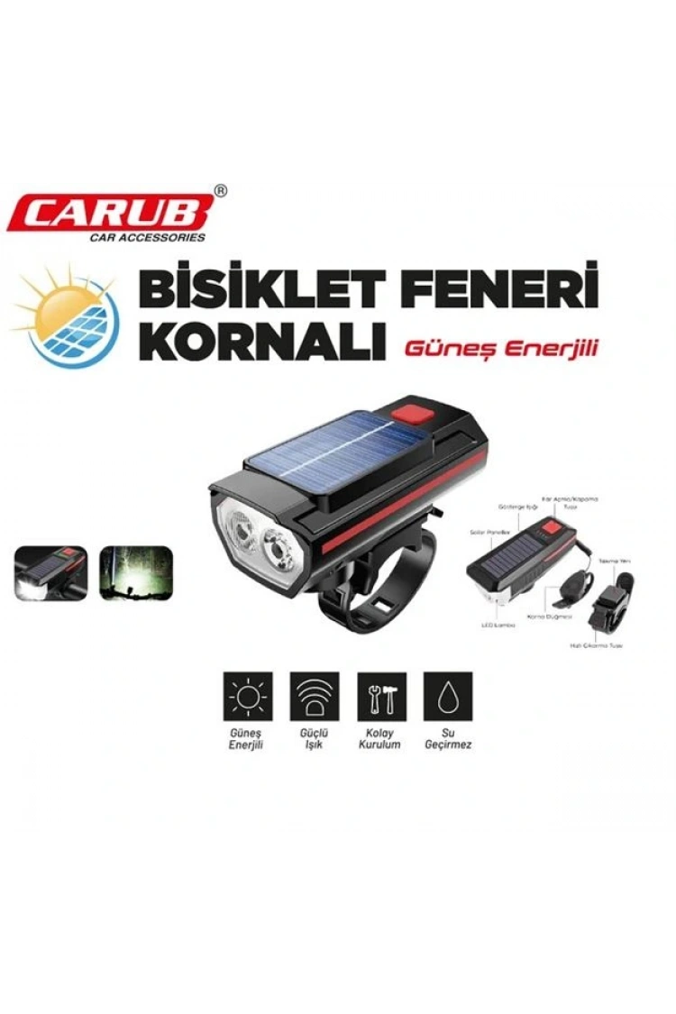 Carub Güneş Enerjili Kornalı Bisiklet Feneri ? LED Işıldak