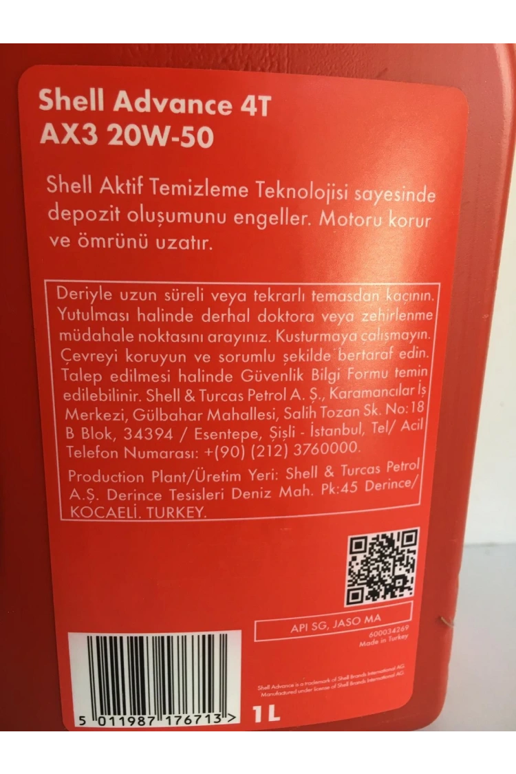 Shell Yağ 20/50 Advance 4t Ax3 Mineral 1 L Motosiklet Yağı
