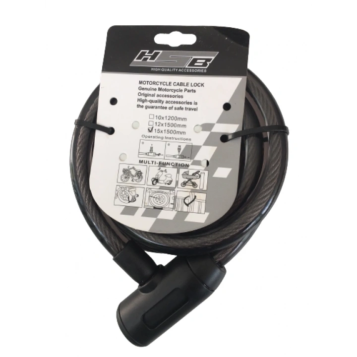 BİSİKLET ÇELİK HALAT KİLİT 15x1500 SİYAH A+++KALİTE KİLİT 1,5 MT