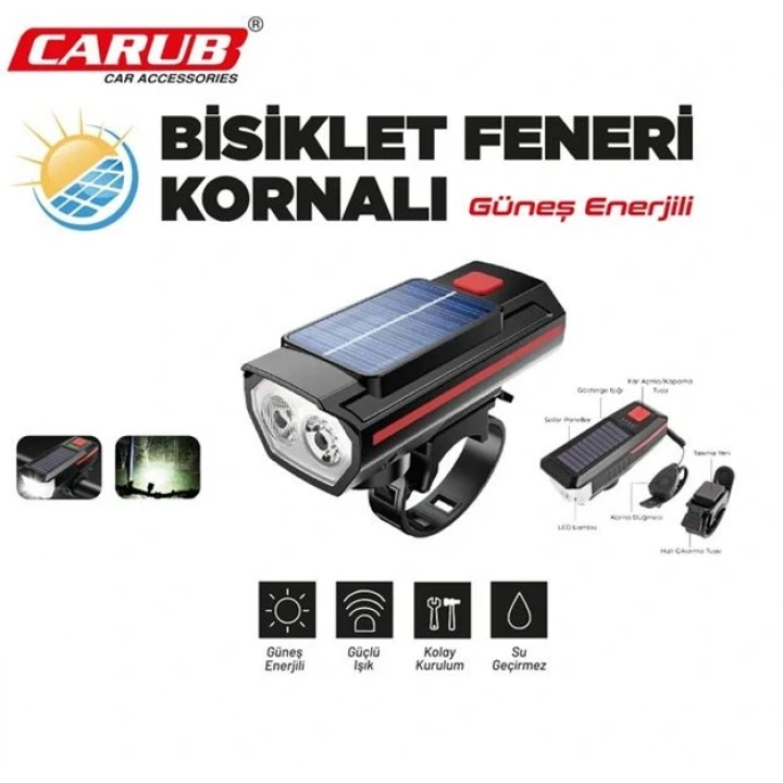 Carub Güneş Enerjili Kornalı Bisiklet Feneri ? LED Işıldak