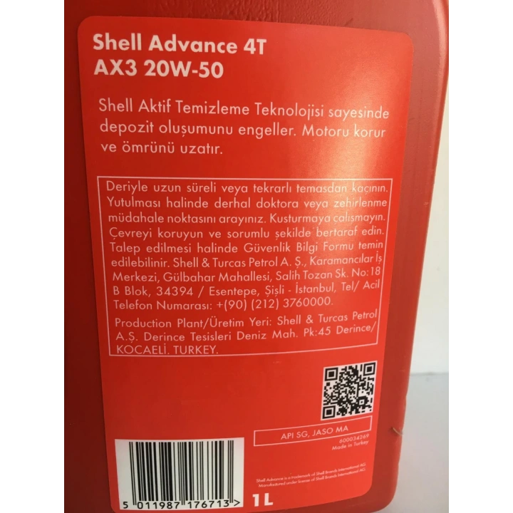 Shell Yağ 20/50 Advance 4t Ax3 Mineral 1 L Motosiklet Yağı