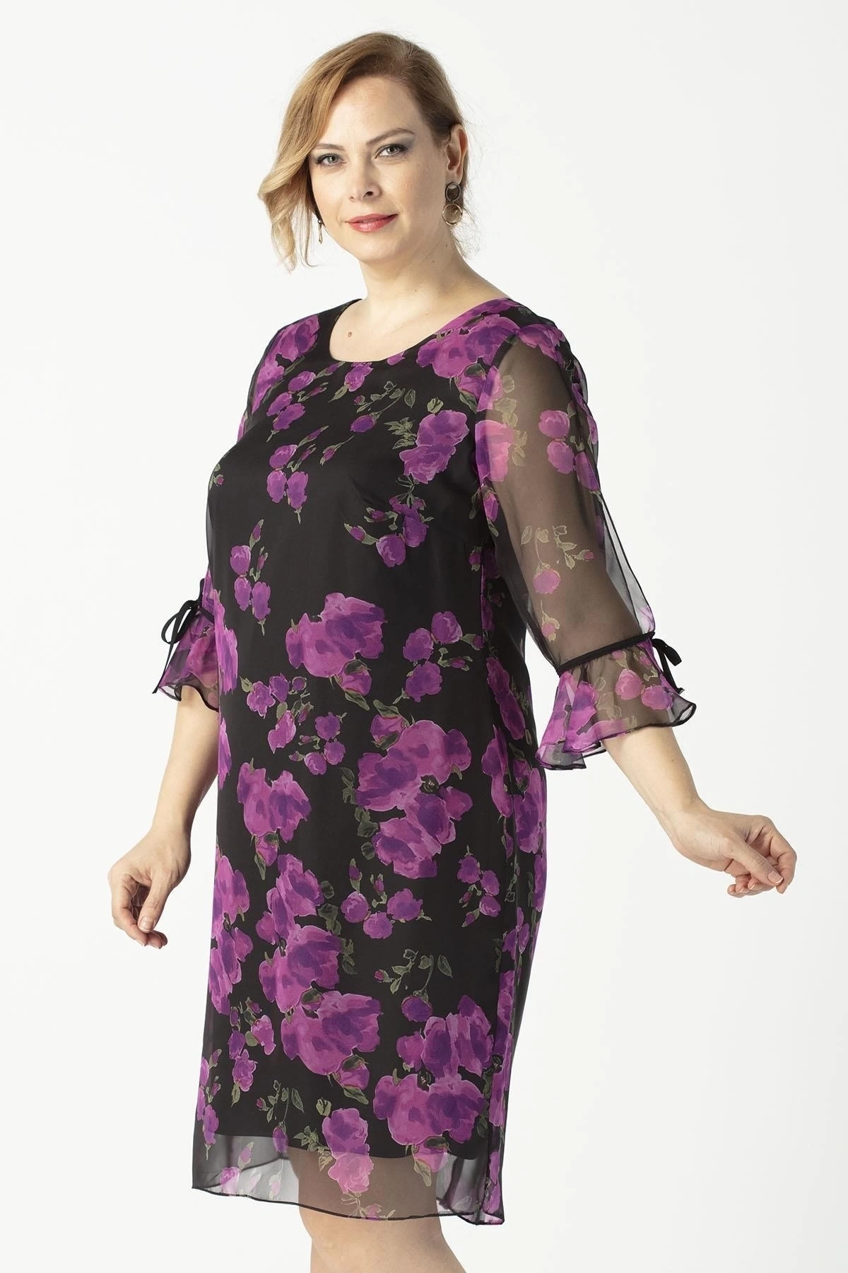 3131 Çiçekli Şifon Tarz Büyük Beden Şık Elbise Mor