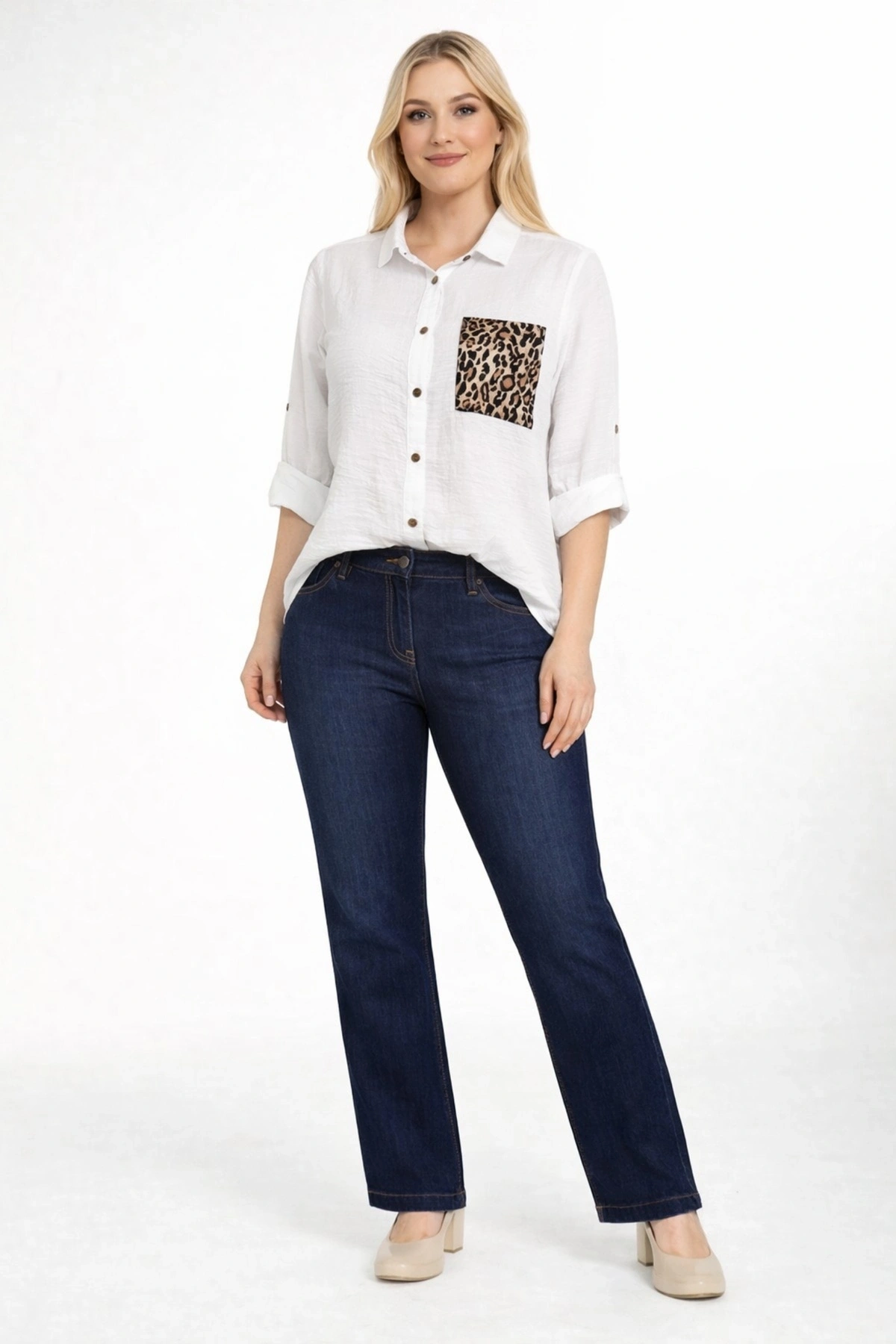 1675-B BEYAZ  KOLU APOLETLİ LEOPAR CEP DETAYLI KETEN GÖMLEK