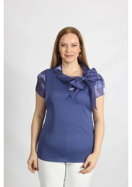 3176 YAKASI FİYONK DETAYLI SATEN BLUZ LACİVERT